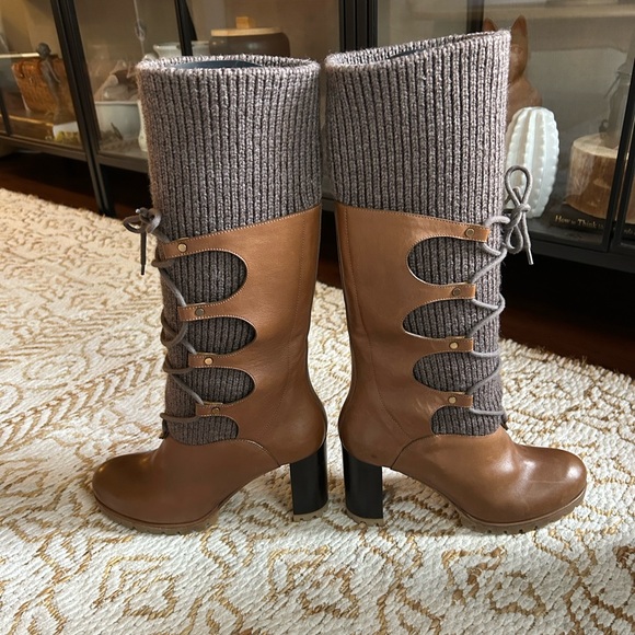 Chloe Collection RARE Brown Leather & Knit Heel Boots - Size EU 39/ 8-8.5 - Picture 4 of 6